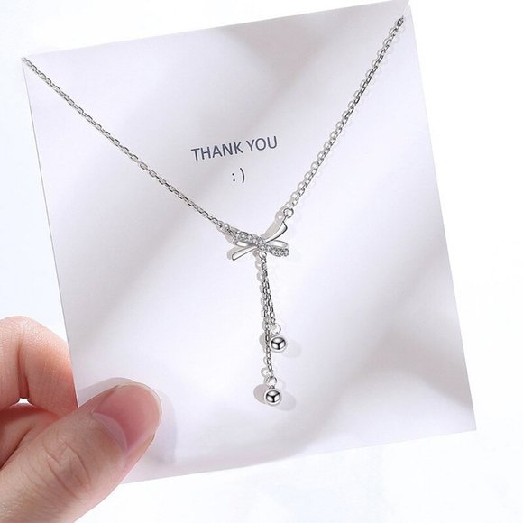 *925 Sterling Silver Diamond Bow Tassel Necklace - Picture 2 of 3